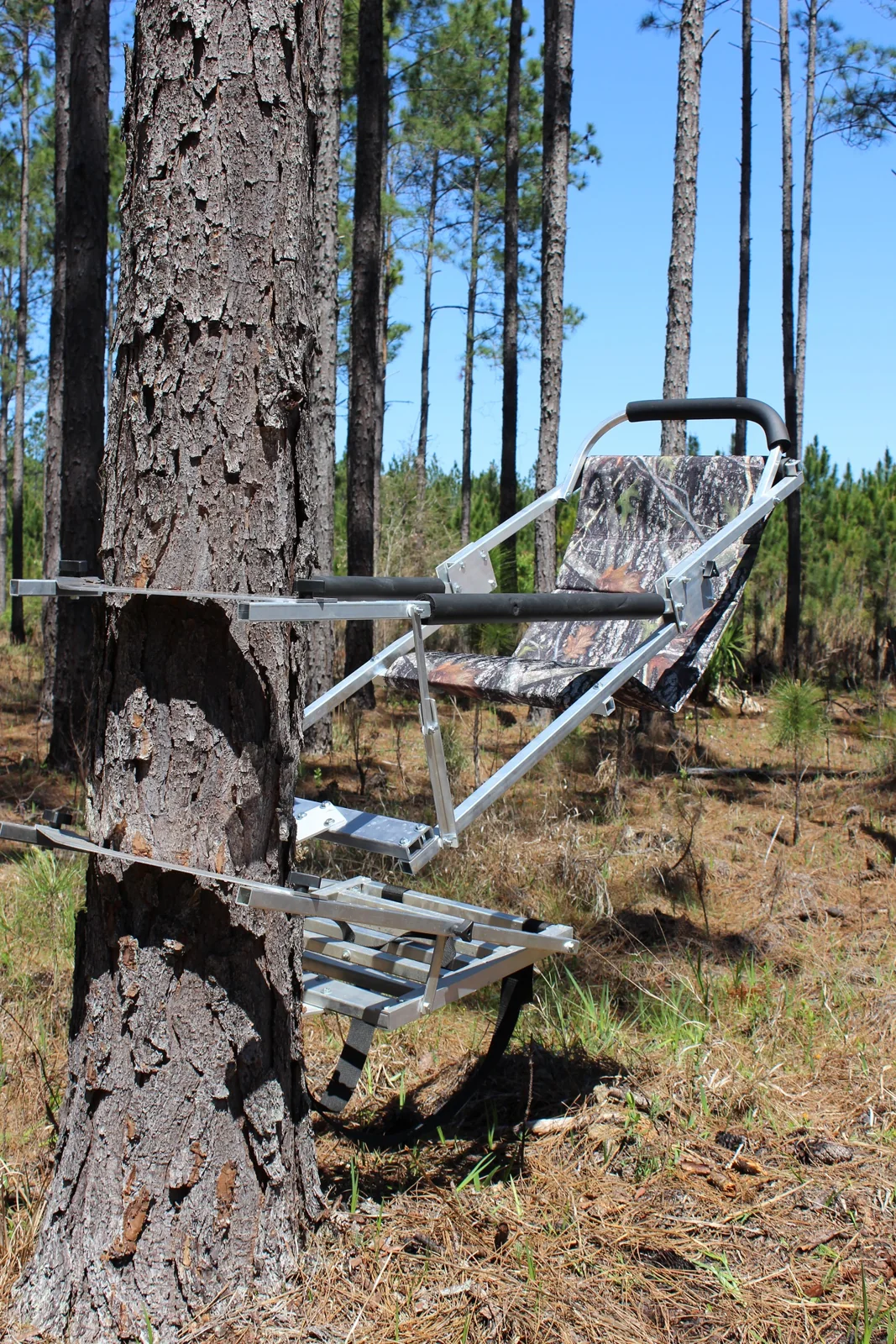 The Gunslinger climbing stand mounted on a pine tree